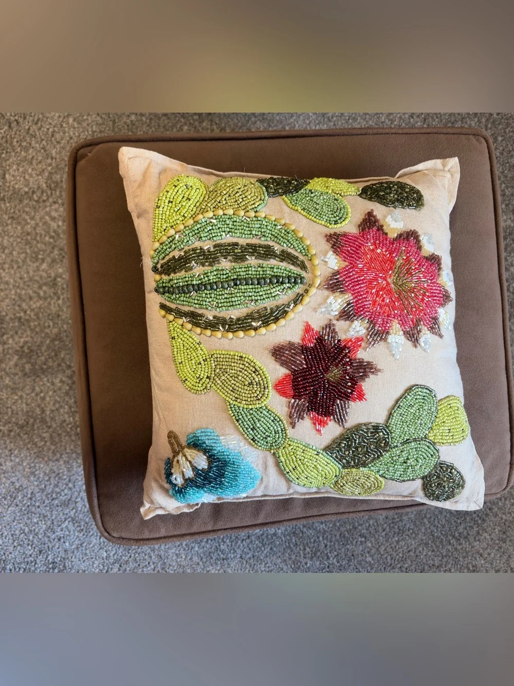 PIER 1 Beaded Cactus Floral Decorative Pillow - Tan Background  12